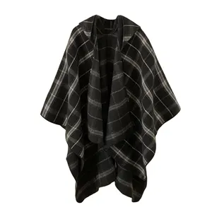 2022 New Hotsale Fashion Poncho With Hat Black Brand Pashmina Winter Wool Blend Slit Hooded Cloak Warm Cashmere Shawl