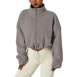 Cropped <b>Fleece</b> <b>Jacket</b> Women Stand Collar Zip Up Full Sleeve Drop Shoulder Soft <b>Warm</b> Autumn Outerwear Solid Color - Product Image 1