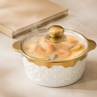 Plat à gratin en porcelaine blanche gaufrée 3 pièces avec bordure dorée et double poignée pour la vaisselle d'hôtel