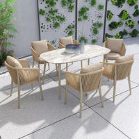 Chaises de salle à manger modernes haut de gamme en corde tressée PE pour l'extérieur avec plateau en dalle, chaises de patio et de jardin résistantes aux intempéries