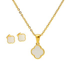 Ensemble de bijoux pour femmes, collier et boucles d'oreilles en acier titane plaqué or 18 carats, trèfle à quatre feuilles, coquille naturelle, 2023 - Product Image 5