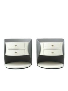 Table de chevet ronde moderne de style mid-century, en bois blanc et gris, avec 2 tiroirs, pour chambre à coucher, appartement, hôtel - Product Image 2