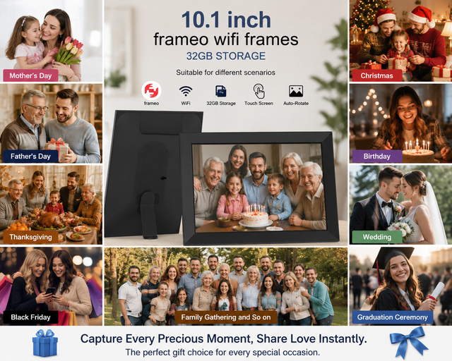 Fast Ship Frameo NO1 Factory Best Seller White Black Customized 10.1 Inch 32GB Storage WiFi Digital Photo Frames and Calendar