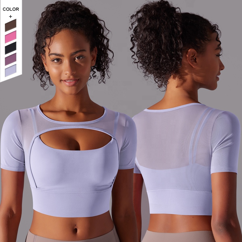 2024 New Solid Color Patchwork Mesh Double-Layer Short Sleeved Suspender Gathered Bra Running Fitness Yoga Suit Top for Women