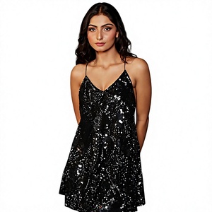 Vestido Mini Negro con Lentejuelas, Corte en A, Cuello en V, Tirantes Finos, Transpirable, para Fiesta o Noche, Diseño Sólido, Poliéster - Product Image 1