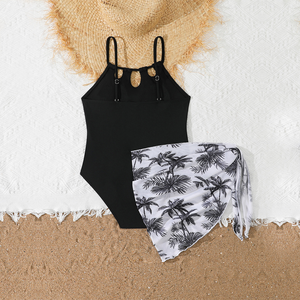 Traje de Baño de Una Pieza para Niñas con Falda Pareo a Juego, Conjunto de Verano para Vacaciones, Traje de Baño y Pareo para Niñas de 8-12 Años, Ropa de Playa Negra para Niñas - Product Image 3