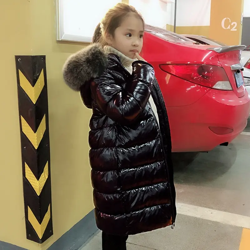 85-150 Cm Girls Boys Winter Shinning Long Down Baby Kids Children Thick Warm Real Fur Hooded Coat Outer Wear