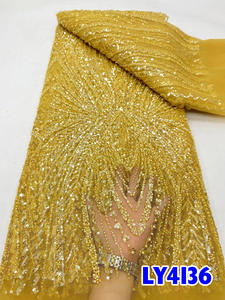 NI.AI Nouvelle conception de dentelle en filet perlée et à paillettes, robe de mariée bleue, tissu en dentelle perlée pour robe de soirée pour femmes - Product Image 6