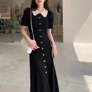 Robe d'été élégante pour femmes européennes et américaines haut de gamme Taille basse Style de fête droit avec revers Fente creuse Couleur unie - Product Image 2