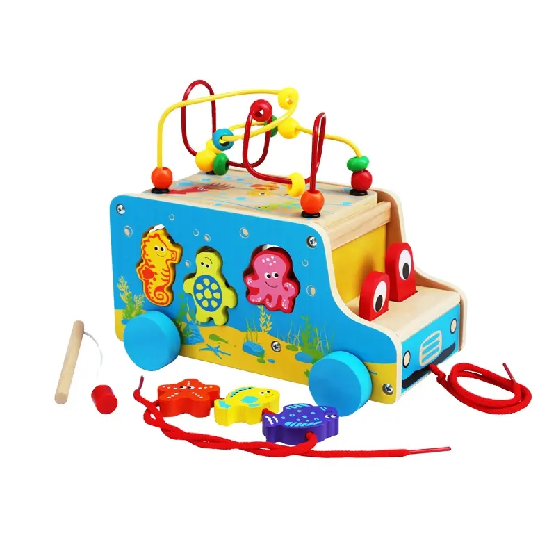 baby activity toys car wooden toys ocean scene animals sorter bead maze pull along car toy Bus model car Shape matching