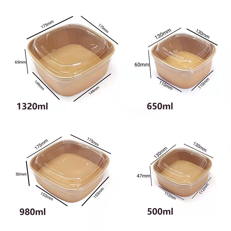 Single Wall Square Disposable Kraft Paper Bowl with PP PET Lids 500ml ...