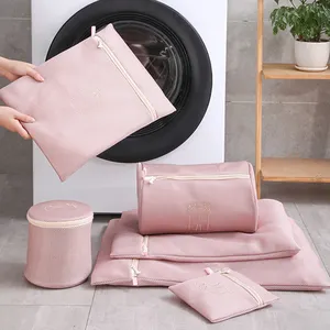 Заводская розовая настраиваемая сетчатая сетка, прочная сумка для стирки белья, Большая складная структура для стирки белья, сумки с логотипом на заказ на молнии