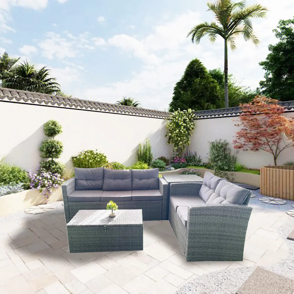 Conjunto de sofá de rattan para móveis de exterior, 3 lugares, cadeiras de jardim, conjunto de mesa com caixa de armazenamento, economizador de espaço, para pátio