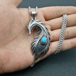 Collier avec pendentif plume en acier inoxydable avec pierre turquoise, bijoux de mode unisexe - Product Image 5