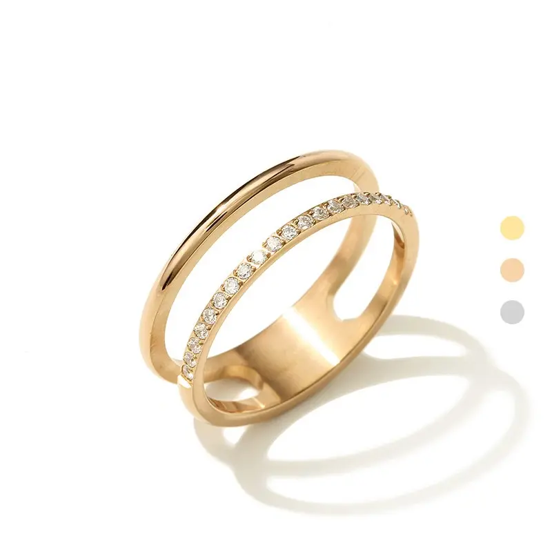 Anéis de casal oco de camada dupla, joias em aço inoxidável para mulheres, anel de ouro de aço inoxidável, anel de zircônia cúbica inoxidável