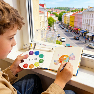 Kit de peinture aquarelle nacrée pour enfants, carnet de croquis à motif de chat mignon avec 8 couleurs scintillantes vibrantes et clip intégré - Product Image 2