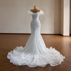 Vestido de Novia <span class=keywords><strong>Sirena</strong></span> con Adornos de Plumas de Avestruz y Lentejuelas de Perlas Rsm261105, Magnífico Vestido Blanco con Cola Circular Adornada Jancemebr - Product Image 3