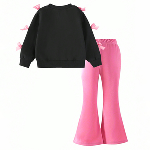 Ensemble 2 pièces pour petite <span class=keywords><strong>fille</strong></span> Printemps-Automne : Sweat-shirt doux à motif cerise et nœud mignon & Pantalon évasé élastique – Vente en gros - Product Image 2