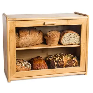 대나무 빵 상자 주방 카운터, 2 조절 레이어 나무 빵 빈 아크릴 유리 창 및 저장 서랍