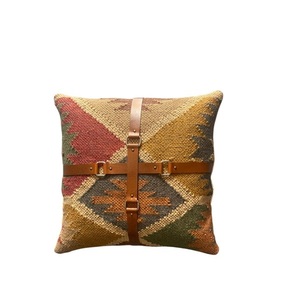 Handwoven Wool Jute <b>Cushion</b> with Leather Belt Designer Decorative Pillow for Contemporary Interior Decoration - Product Image 3