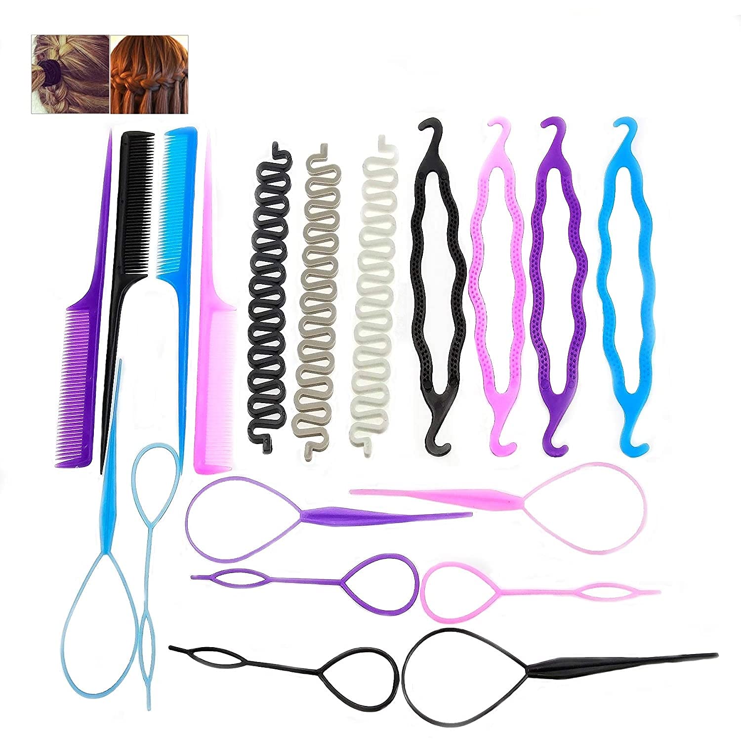 19 Pcs Hair Braiding Tool DIY Hair Styling Tool Kit Updo Ponytail Maker Accessories Topsy Hair Braid Kit Coloure