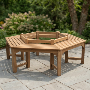 Banc hexagonal moderne pour le camping, en bois massif de teck, mobilier d'extérieur - Product Image 1