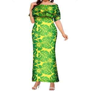 Abito Lungo Aderente con Design Tribale Polinesiano Hawaiano, Elegante Vestito da Donna con Volant e Spalle Scoperte, Taglie Forti, Abbigliamento delle Isole del Pacifico - Product Image 2