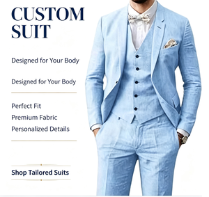 <span class=keywords><strong>Costume</strong></span> <span class=keywords><strong>Homme</strong></span> <span class=keywords><strong>Bleu</strong></span> <span class=keywords><strong>Ciel</strong></span> Coupe Slim 3 Pièces (Veste, <span class=keywords><strong>Gilet</strong></span>, Pantalon) en Lin et Coton pour Été, Plage et Mariage - Trajes Para Hombres - Product Image 1
