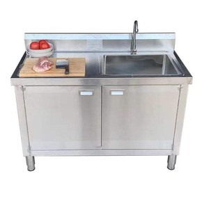Table <span class=keywords><strong>de</strong></span> préparation <span class=keywords><strong>de</strong></span> cuisine autoportante en acier inoxydable 304, faite à la main, avec évier unique et armoire intégrée à double porte, pour restaurant, vente en gros, OEM - Product Image 5