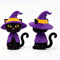 Peluche personnalisée de chat noir sorcière d'Halloween, jouet en peluche doux OEM avec chapeau et cape de sorcière violets, décoration d'intérieur, vente en gros