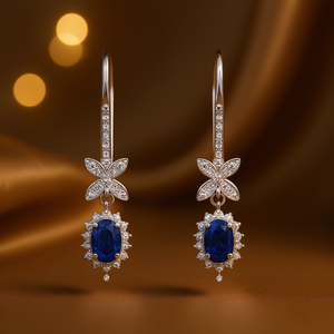 Orecchini pendenti classici in argento 925 con zaffiro e design floreale con diamanti per donna, gioielli da matrimonio placcati in rodio - Product Image 2