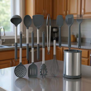 12-Piece Non-Stick Kitchen Utensil Set Grey Silicone Handle Heat Resistant Dishwasher <b>Safe</b> Cooking <b>Tools</b> - Product Image 2