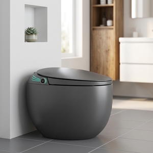 WC intelligent haut de gamme avec bidet intégré, cuvette ronde, à poser au sol, gris, siphon en S, télécommande incluse, siège chauffant, veilleuse - Product Image 1