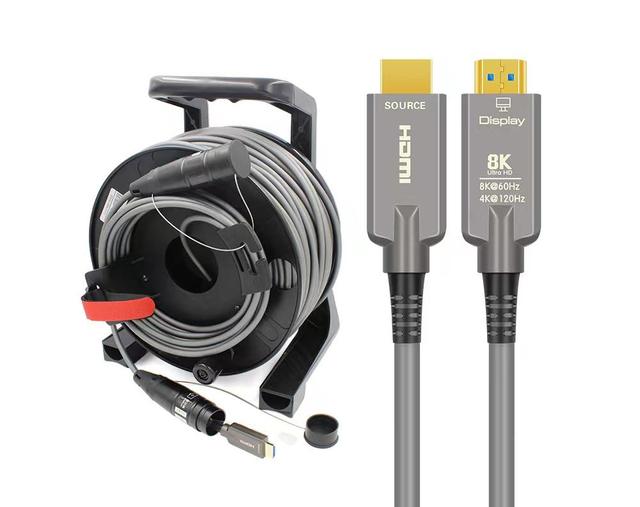 Armored 8K 60Hz 4K 120hz 48Gbps Fiber Optic HDMI2.1 AOC Active Optical Cable 200M with Reel Ultra High Speed Dynamic HDR EARC