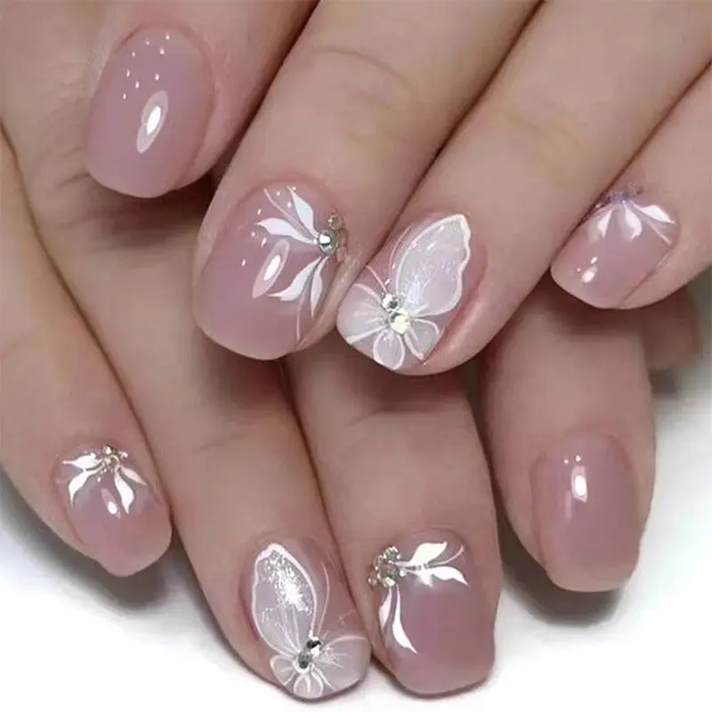 Алмазная бабочка накладные ногти полное покрытие наконечники для ногтей роскошное сердце прижимные ногти бриллиант французский стиль Блестящая бабочка N
