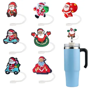 Christmas Straw Cover Cap 10mm Reusable Silicone Straw Topper Dustproof  Straw Decor Drinking Dust Cap for