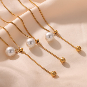 Collier en Y doré avec pendentif perle, chaîne en acier inoxydable pour <span class=keywords><strong>femme</strong></span>, <span class=keywords><strong>bijou</strong></span> élégant et minimaliste - Product Image 4