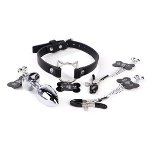 Ensemble de jouets sexuels pour stimulation adulte, comprenant pinces à tétons Sm Bell, plug anal, collier de chat, laisse et chaîne, noir - Product Image 5