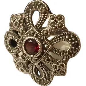 PES Turkish Fashion Jewelry! Beautiful Sterling Silver 925 Marcasite With Genuine Garnet Ring (PES6-1512)