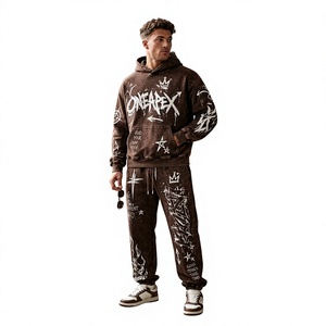 Men's Oversized <b>Brown</b> Acid Wash Hoodie Tracksuit Sets Heavyweight Streetwear Cotton <b>Jogger</b> Matching Sweat Suit Custom Apparel - Product Image 1
