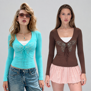 Women's <b>Y2K</b> Streetwear Crop Layered <b>Top</b> Tie Front Butterfly Embroidered Animal Print Color Block Stretchy Fitted Casual Long - Product Image 1