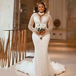 African Bride Mermaid Wedding Dress Long Sleeve Plus Size V Neck Backless Cut Out Pure White Winter 2025 - Product Image 1
