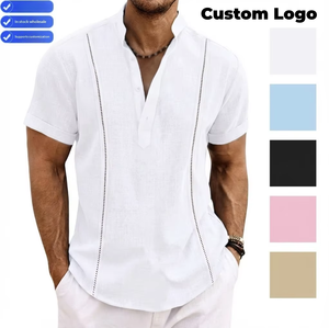 Camisa Casual de Algodón y Lino para Hombre, Estilo <span class=keywords><strong>Guayabera</strong></span> Cubana a Rayas con Cuello Mao, Manga Corta, Sin Planchado, Venta Caliente 2026 para Comercio Exterior - Product Image 1