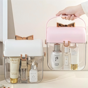 Cute Girls Transparent <strong>Plastic</strong> Cosmetic Storage Box Makeup Organizer Ribbon Flip Cover <strong>Lid</strong>, Portable <strong>Container</strong> Storage Box - Product Image 2