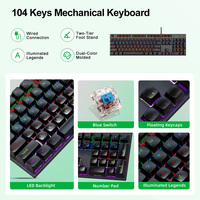 Clavier de jeu mécanique filaire Keywin K101, 104 touches, stock d'usine, clavier de jeu mécanique filaire LED pleine taille OEM