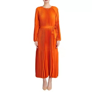 Vestido Midi Informal de Oficina, Tejido Plisado de Chifón, Diseño de Parches con Patrón Sólido, Cintura Elástica, Lavable, Talla XS, Otoño-Primavera - Product Image 5