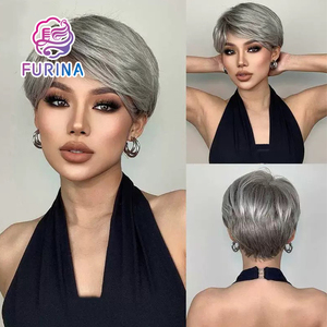 Parrucca Corta a Strati FURINA all'Ingrosso, Capelli Remy Marrone <span class=keywords><strong>Chiaro</strong></span>, Ondulati Naturali, Capelli Brasiliani Completi, Colorazione 99J per Lace 180% - Product Image 2