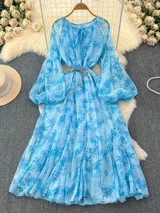 Vestido Largo de Gasa con Cuello Redondo y Estampado Floral, Estilo Primavera-Otoño, Elegante y con Atitude, Ideal para la Hora del Té - Product Image 5
