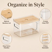 Boîte de rangement empilable en PET avec couvercle en bambou, organisateur de rangement domestique pour cuisine, garde-manger, buanderie, salle de bain, distributeur de bureau