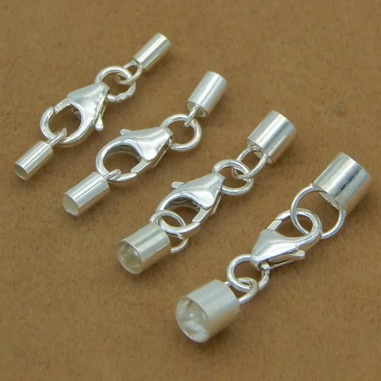 10 adet 1/2/3/4mm 925 ayar gümüş deri kordon End Caps ile ıstakoz kanca konektörü diy kolye bilezik takı yapımı